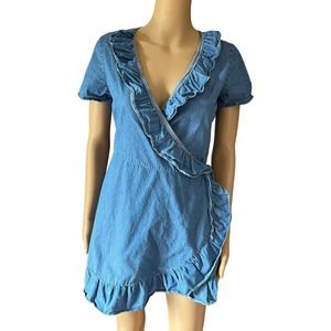 Exit Blue Chambray Denim Ruffle Accent Tunic Wrap Top Size Small